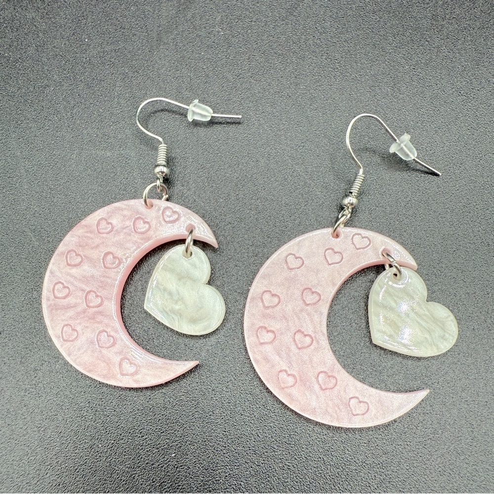 Cresent Moon Earrings - Pink and White Acrylic with Heart Accents